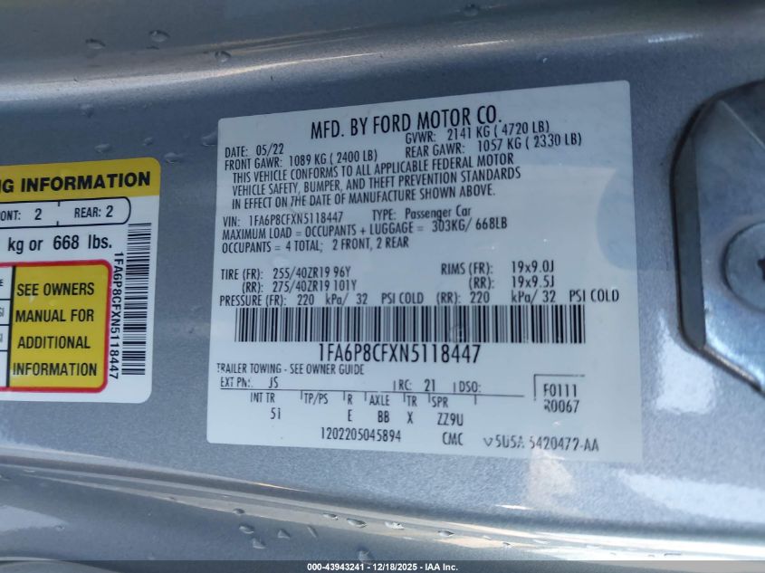 2022 Ford Mustang Gt Premium Fastback VIN: 1FA6P8CFXN5118447 Lot: 43943241
