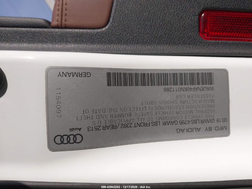 2019 Audi A4 45 Premium VIN: WAUENAF46KN011286 Lot: 43943252