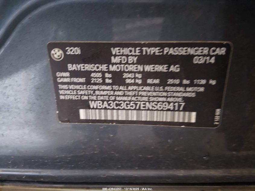 2014 BMW 320I xDrive VIN: WBA3C3G57ENS69417 Lot: 43943253