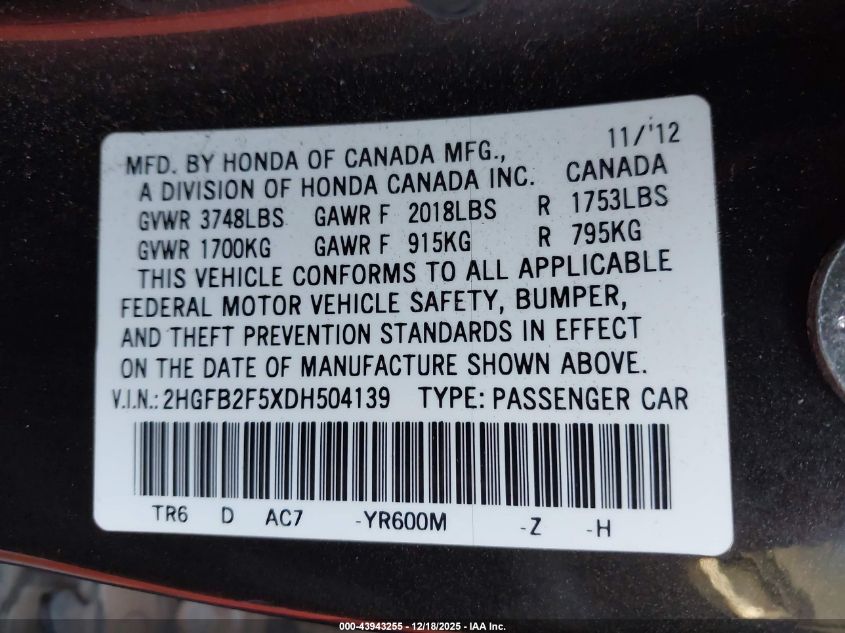 2013 Honda Civic Lx VIN: 2HGFB2F5XDH504139 Lot: 43943255