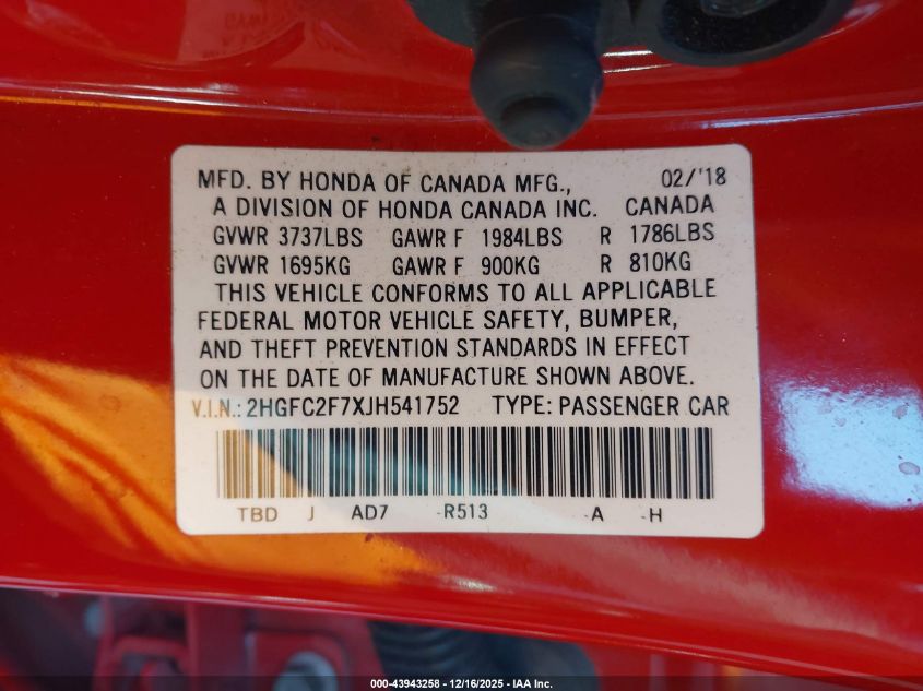 2018 Honda Civic Ex VIN: 2HGFC2F7XJH541752 Lot: 43943258