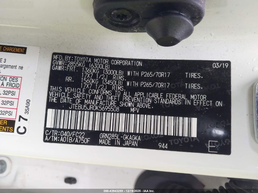 2019 Toyota 4Runner Trd Off Road VIN: JTEBU5JR0K5695508 Lot: 43943259