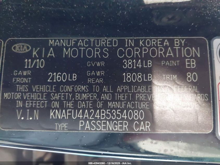 2011 Kia Forte Ex VIN: KNAFU4A24B5354080 Lot: 43943260
