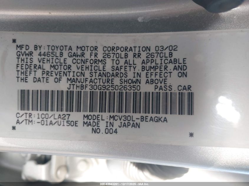 2002 Lexus Es 300 VIN: JTHBF30G325026330 Lot: 43943261