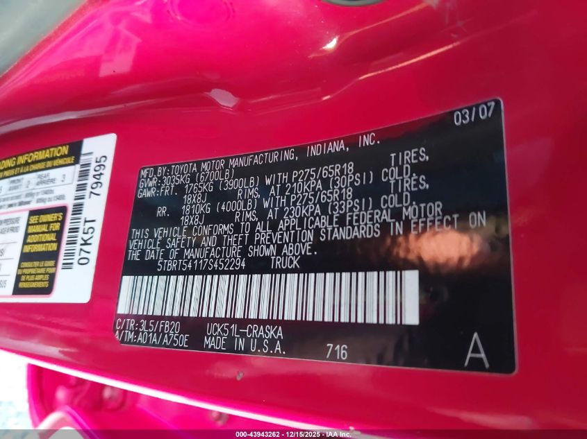 2007 Toyota Tundra Sr5 4.7L V8 VIN: 5TBRT54117S452294 Lot: 43943262