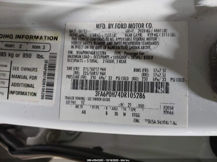 2013 Ford Fusion Se VIN: 3FA6P0H74DR105286 Lot: 43943263