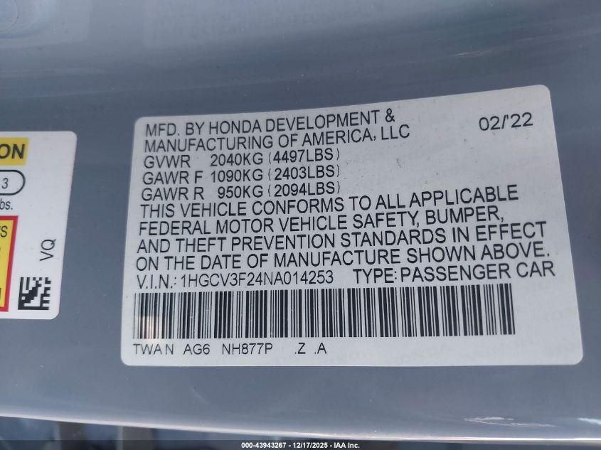 2022 Honda Accord Hybrid Sport VIN: 1HGCV3F24NA014253 Lot: 43943267