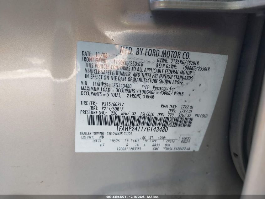 2007 Ford Five Hundred Sel VIN: 1FAHP24117G143480 Lot: 43943271