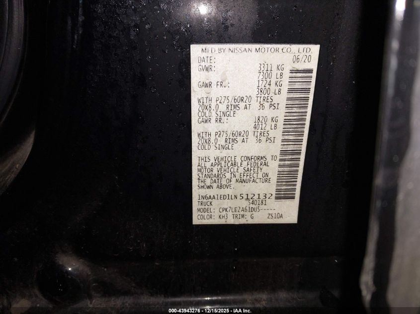 2020 Nissan Titan Sl 4X4 VIN: 1N6AA1ED1LN512132 Lot: 43943276