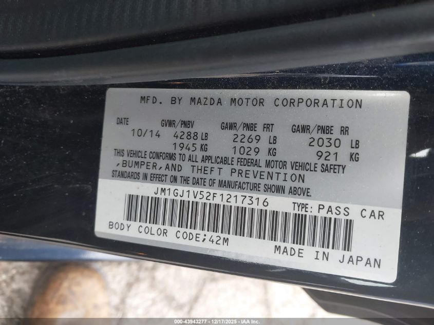 2015 Mazda Mazda6 I Touring VIN: JM1GJ1V52F1217316 Lot: 43943277