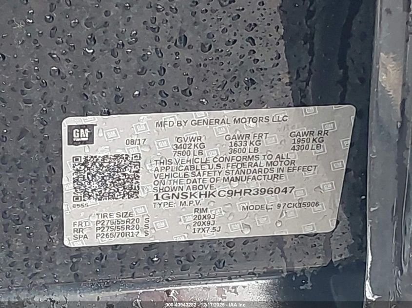 2017 Chevrolet Suburban Lt VIN: 1GNSKHKC9HR396047 Lot: 43943282