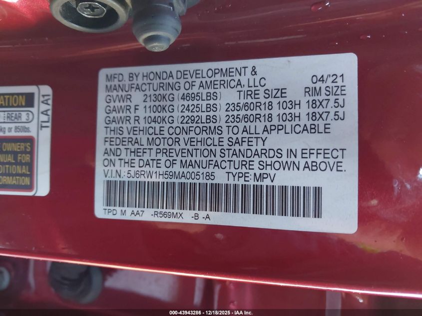 2021 Honda Cr-V 2Wd Ex VIN: 5J6RW1H59MA005185 Lot: 43943286