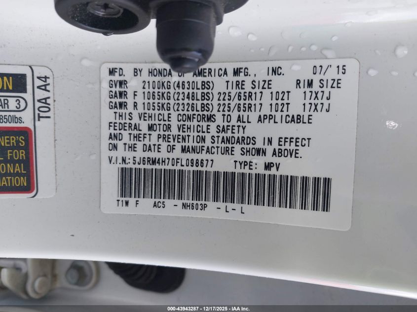 2015 Honda Cr-V Ex-L VIN: 5J6RM4H70FL098677 Lot: 43943287