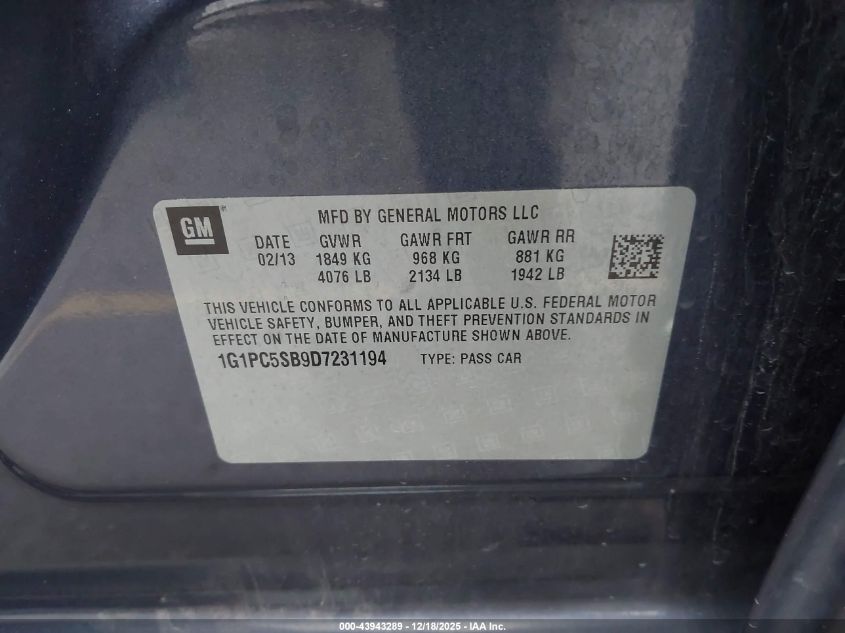 2013 Chevrolet Cruze 1Lt Auto VIN: 1G1PC5SB9D7231194 Lot: 43943289