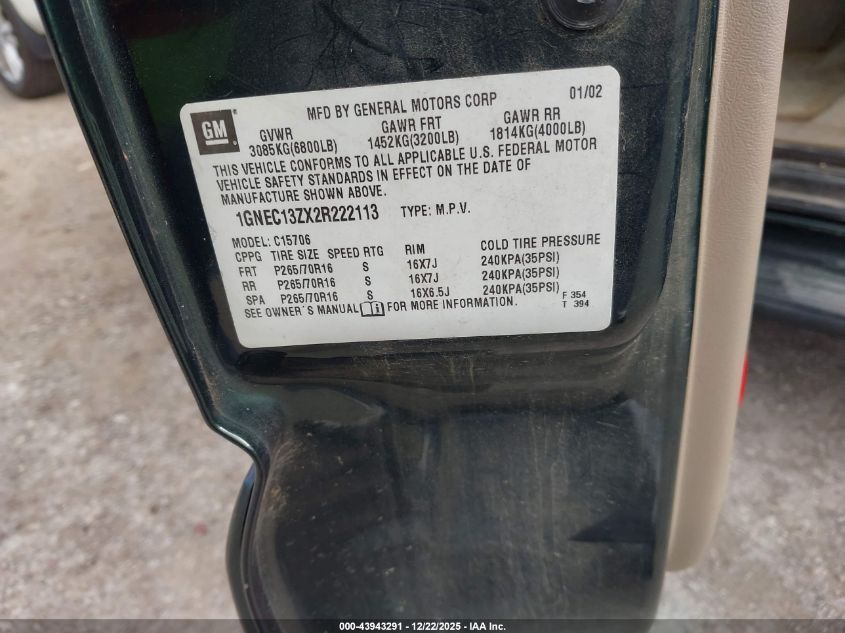 2002 Chevrolet Tahoe Lt VIN: 1GNEC13ZX2R222113 Lot: 43943291