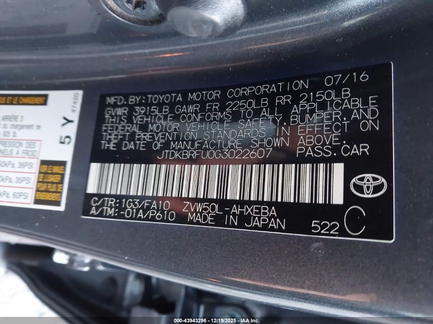 2016 Toyota Prius Two VIN: JTDKBRFU0G3022607 Lot: 43943296