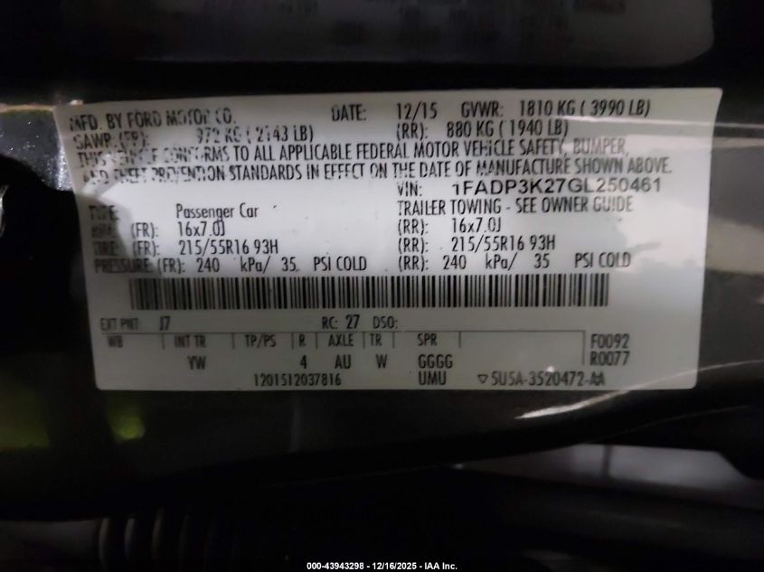 2016 Ford Focus Se VIN: 1FADP3K27GL250461 Lot: 43943298