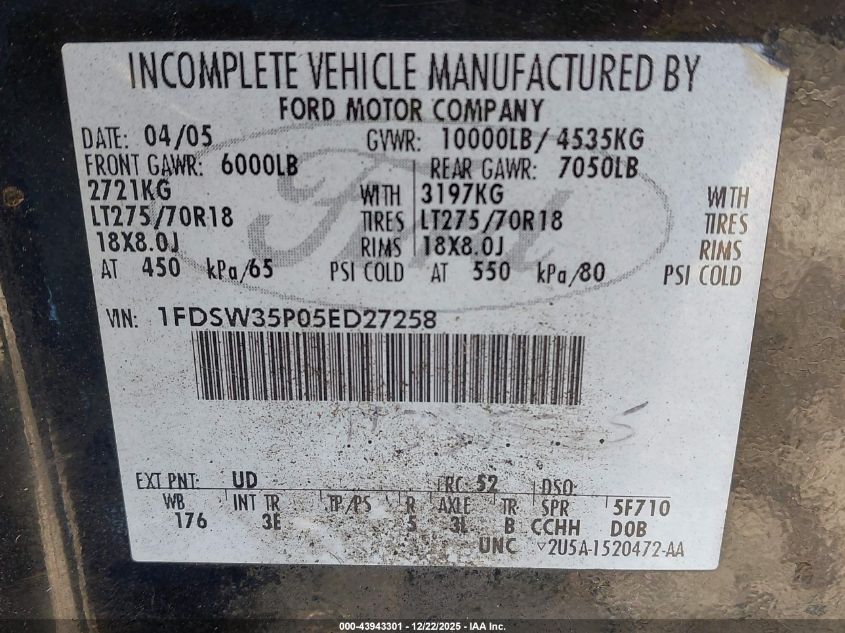 2005 Ford F-350 Lariat/Xl/Xlt VIN: 1FDSW35P05ED27258 Lot: 43943301