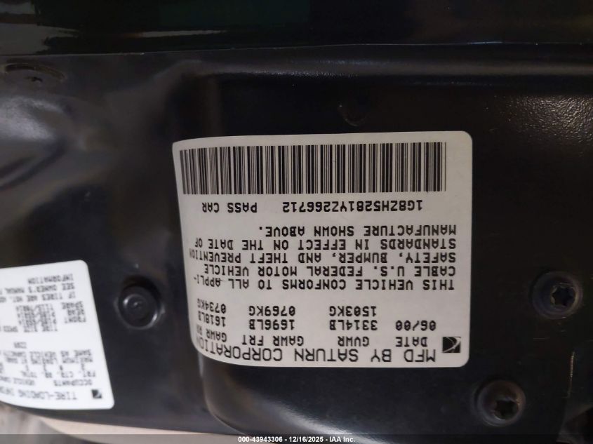 2000 Saturn Sl1 VIN: 1G8ZH5281YZ266712 Lot: 43943306