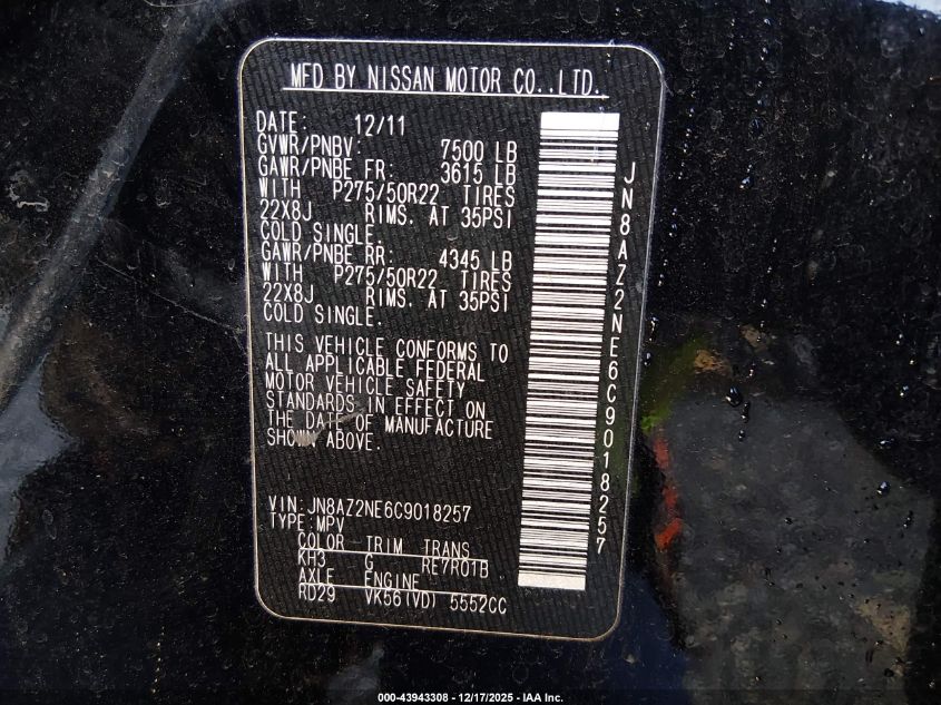 2012 Infiniti Qx56 VIN: JN8AZ2NE6C9018257 Lot: 43943308