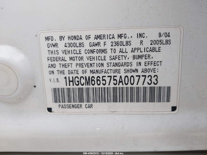 2005 Honda Accord 3.0 Ex VIN: 1HGCM66575A007733 Lot: 43943310