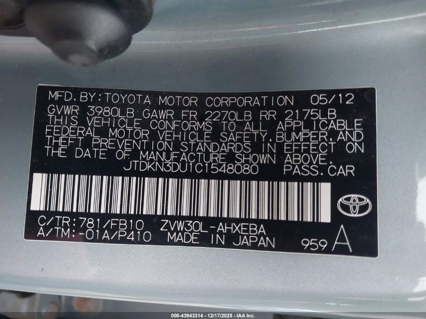 2012 Toyota Prius Two VIN: JTDKN3DU1C1548080 Lot: 43943314