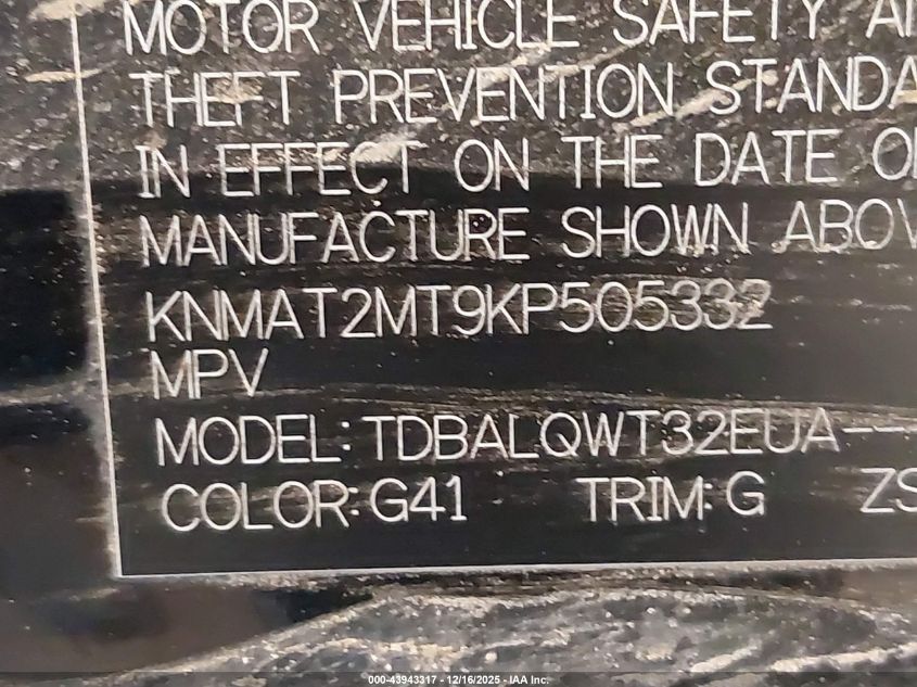 2019 Nissan Rogue Sv VIN: KNMAT2MT9KP505332 Lot: 43943317