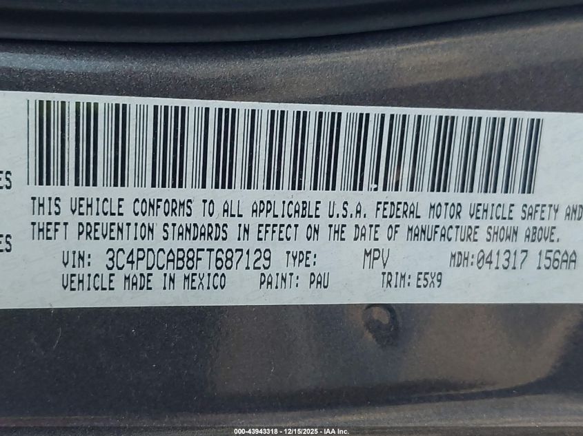 2015 Dodge Journey Se VIN: 3C4PDCAB8FT687129 Lot: 43943318