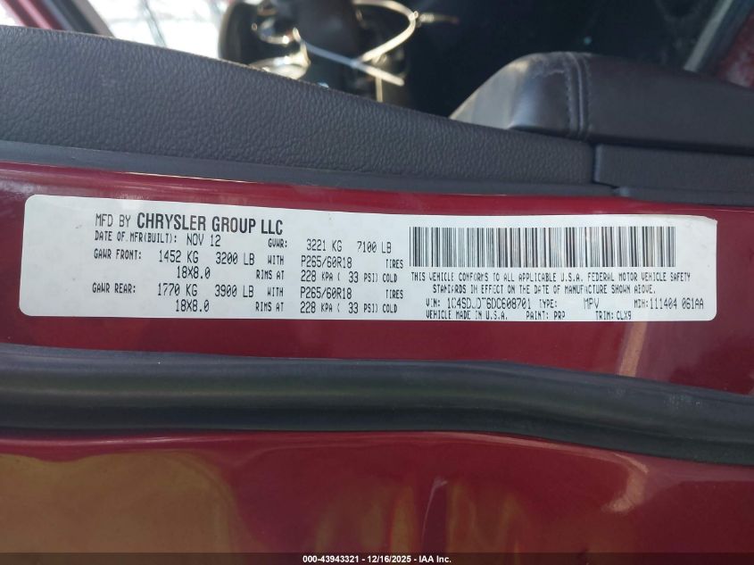 2013 Dodge Durango Crew VIN: 1C4SDJDT6DC608701 Lot: 43943321