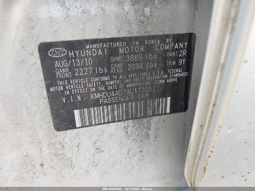2010 Hyundai Elantra Blue VIN: KMHDU4AD7AU173051 Lot: 43943322