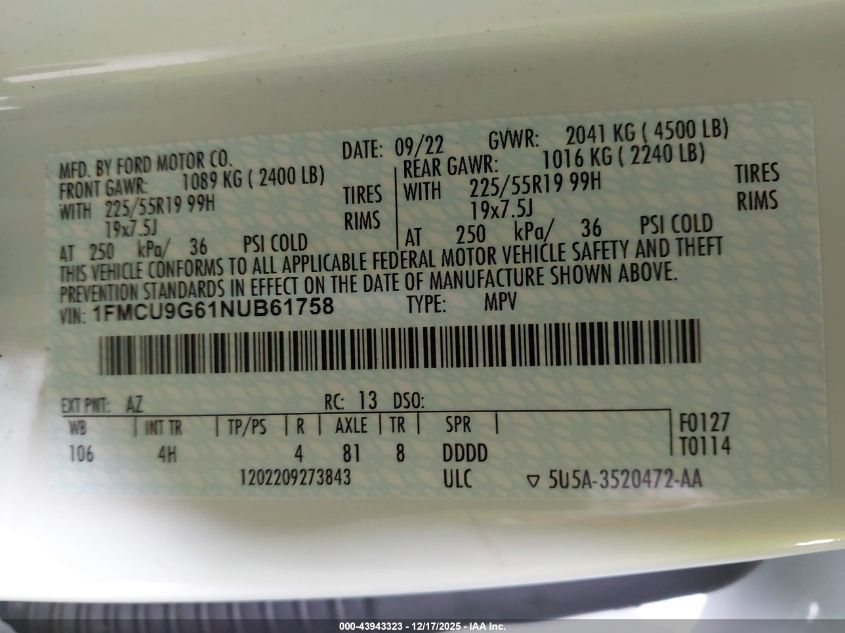 2022 Ford Escape Se VIN: 1FMCU9G61NUB61758 Lot: 43943323