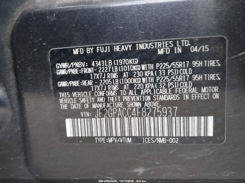 2015 Subaru Xv Crosstrek 2.0I Premium VIN: JF2GPACC4F8275937 Lot: 43943326