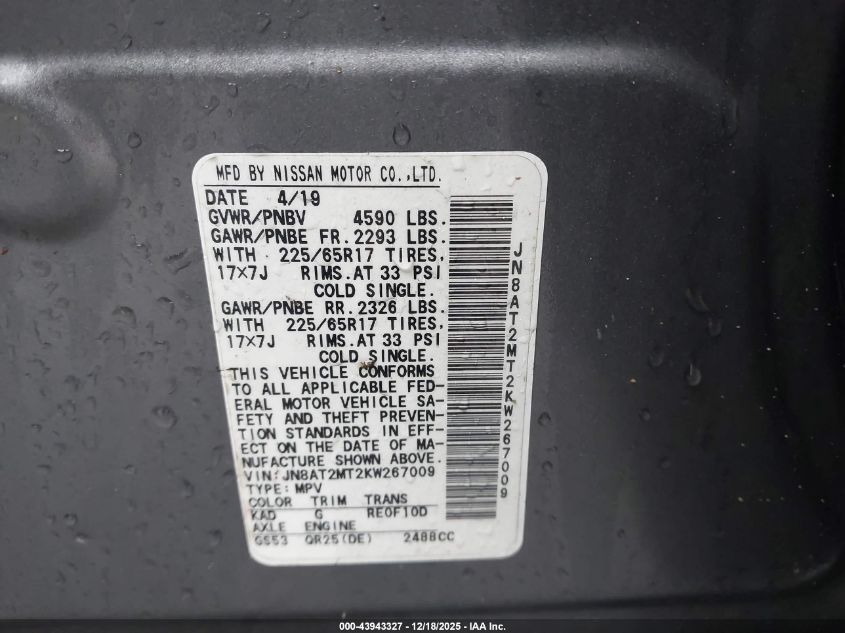 2019 Nissan Rogue S VIN: JN8AT2MT2KW267009 Lot: 43943327