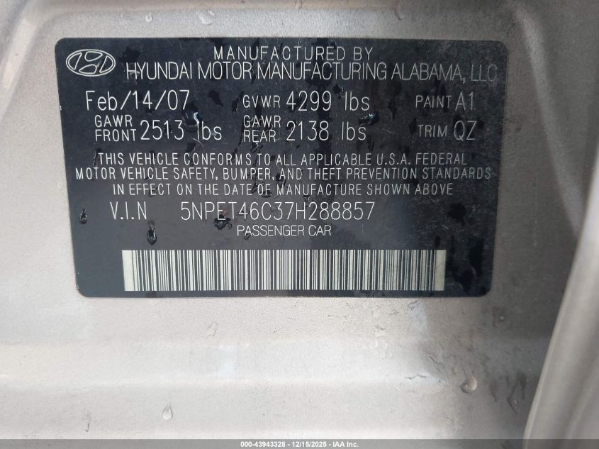 2007 Hyundai Sonata Gls VIN: 5NPET46C37H288857 Lot: 43943328