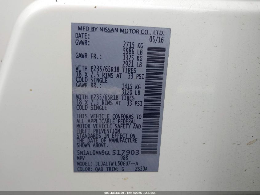 2016 Infiniti Qx60 VIN: 5N1AL0MN9GC517903 Lot: 43943329