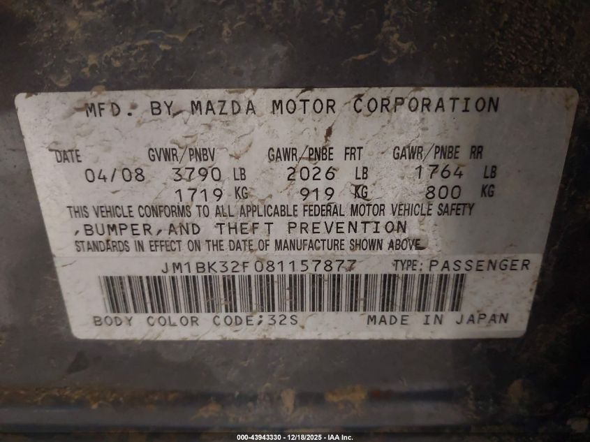 2008 Mazda Mazda3 I Touring Value VIN: JM1BK32F081157877 Lot: 43943330