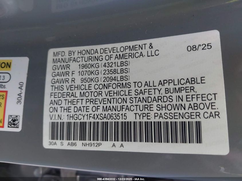 2025 Honda Accord Se VIN: 1HGCY1F4XSA063515 Lot: 43943332