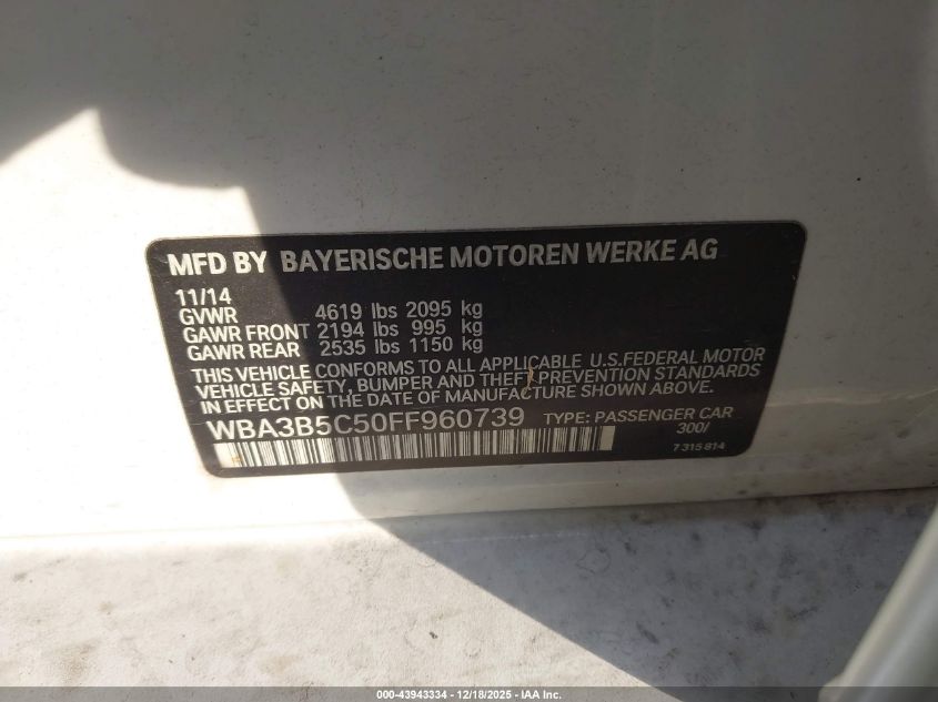 2015 BMW 328I xDrive VIN: WBA3B5C50FF960739 Lot: 43943334