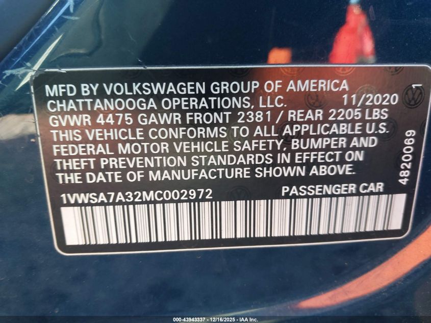 2021 Volkswagen Passat 2.0T Se VIN: 1VWSA7A32MC002972 Lot: 43943337