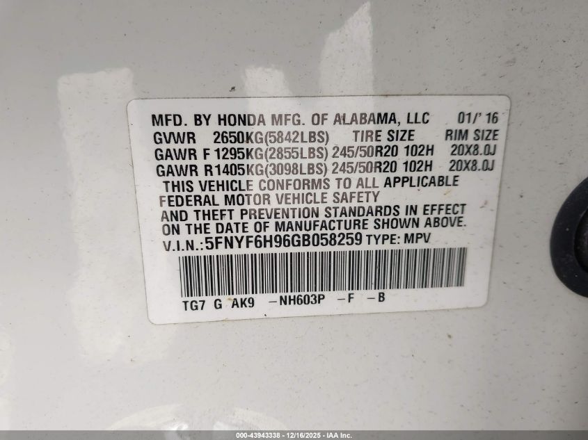 2016 Honda Pilot Touring VIN: 5FNYF6H96GB058259 Lot: 43943338