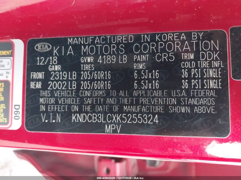2019 Kia Niro Lx VIN: KNDCB3LCXK5255324 Lot: 43943339