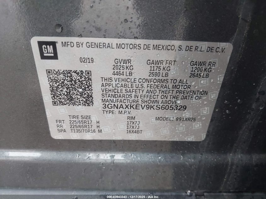 2019 Chevrolet Equinox Lt VIN: 3GNAXKEV9KS605329 Lot: 43943343