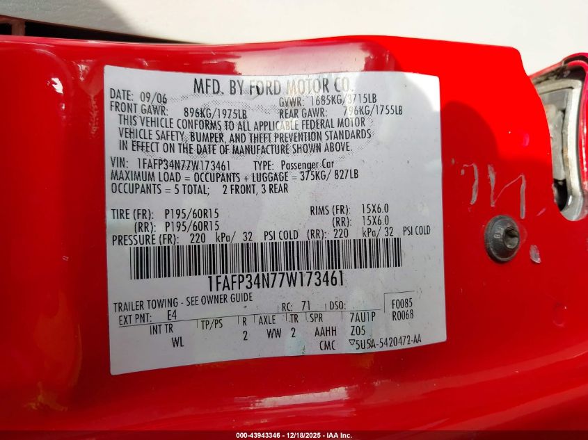 2007 Ford Focus S/Se/Ses VIN: 1FAFP34N77W173461 Lot: 43943346