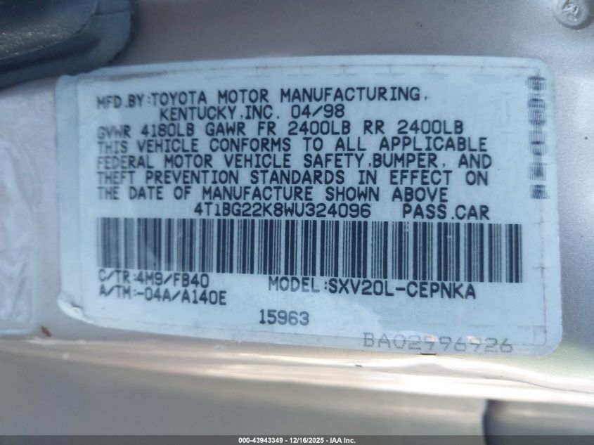 1998 Toyota Camry Le VIN: 4T1BG22K8WU324096 Lot: 43943349