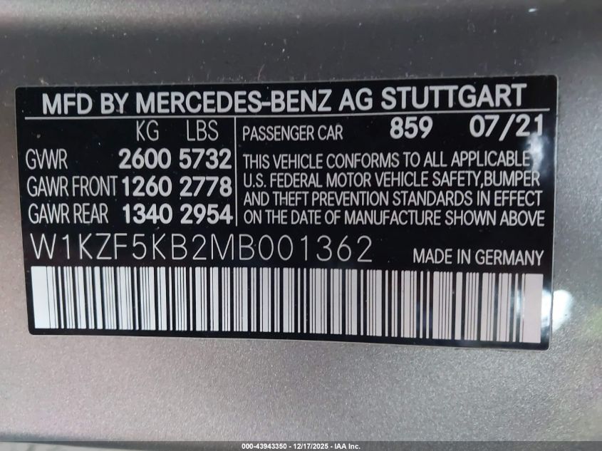 2021 Mercedes-Benz E 450 4Matic VIN: W1KZF5KB2MB001362 Lot: 43943350