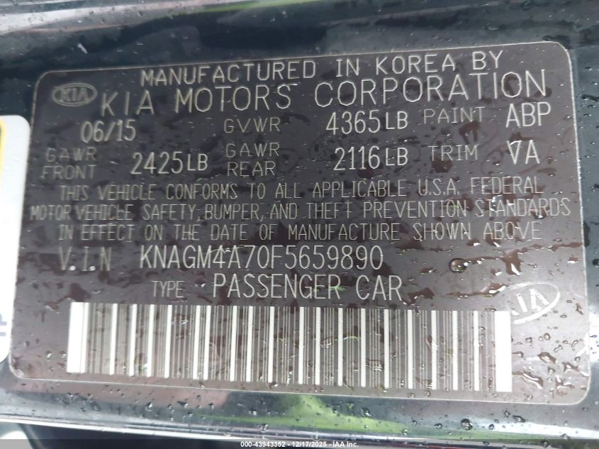 2015 Kia Optima Lx VIN: KNAGM4A70F5659890 Lot: 43943352