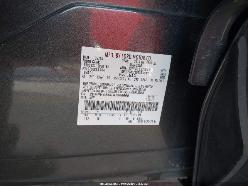 2016 Ford Edge Sel VIN: 2FMPK4J9XGBB88608 Lot: 43943355