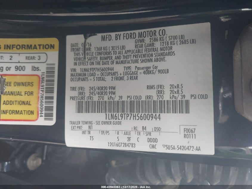 2017 Lincoln Continental Select VIN: 1LN6L9TP7H5600944 Lot: 43943363