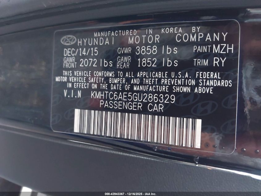 2016 Hyundai Veloster Turbo VIN: KMHTC6AE5GU286329 Lot: 43943367