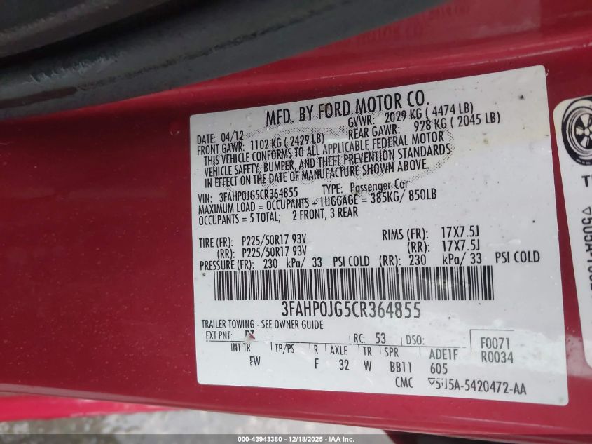 2012 Ford Fusion Sel VIN: 3FAHP0JG5CR364855 Lot: 43943380